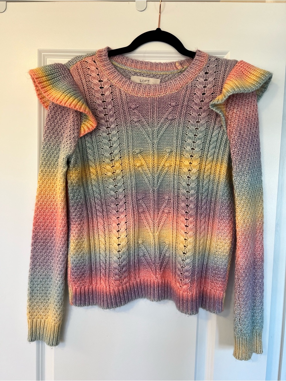 LOFT Pastel Rainbow Cable-Knit Ruffle Shoulder Sweater - Multi